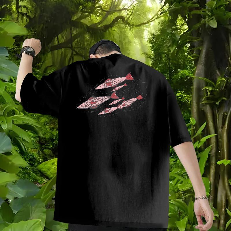 Fashion Designer T shirt 100% Cotton 230g fish Hip Hop Tops O Neck Short Sleeves Loose Fit Tshirt for Man Woman DIY Printed