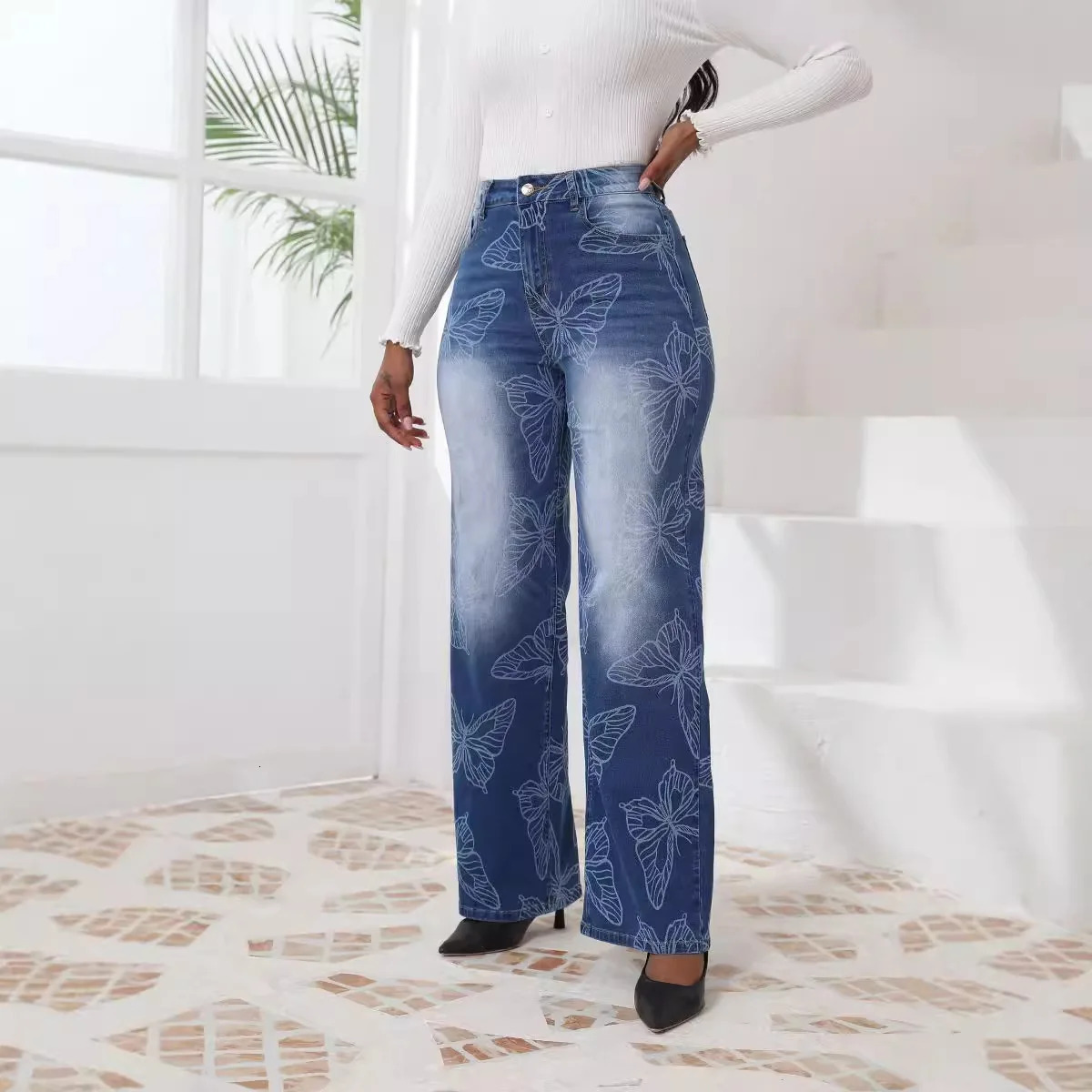 Butterfly-Pattern Jeans Women Loose Leisure Korean Style Chic Trendy Y2k Cool Streetwear Ins Female Bottom 240806