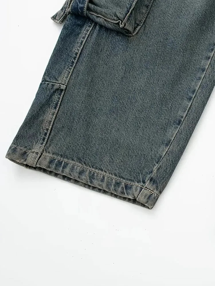 Spring Autumn Woman Pocket Workwear Denim Cargo Long Pants Fashion Mid Waist Vintage Casual Street Loose Trousers 240806