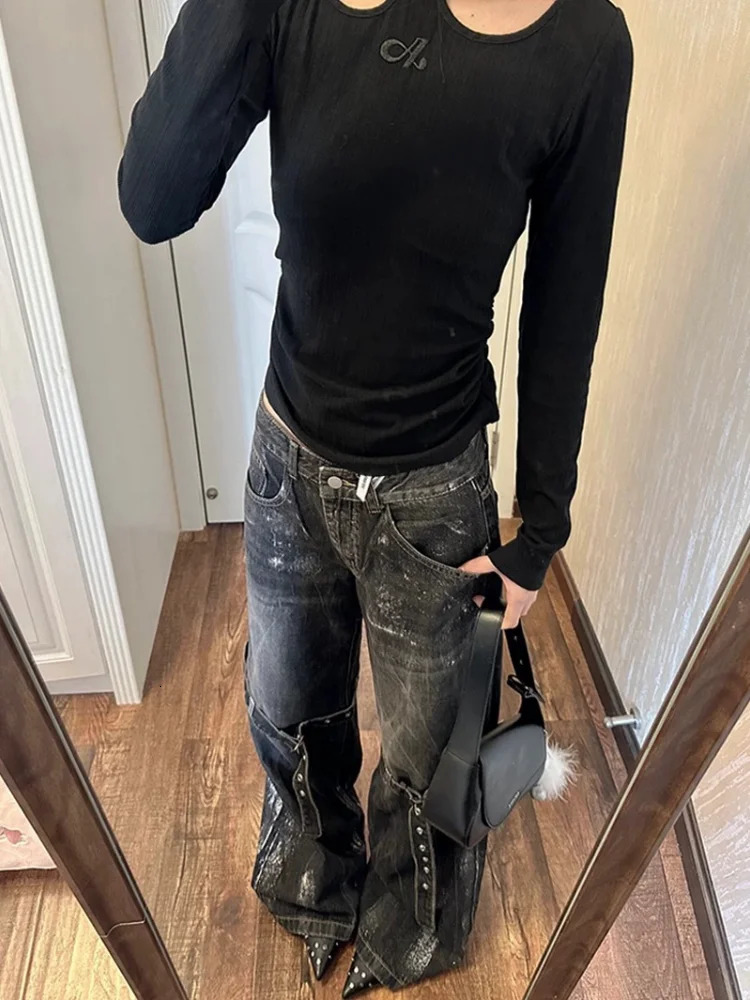 ADAgirl Y2k Baggy Goth Vintage Jeans Women Harajuku Hip Hop Casual Bandage High Waist Denim Pants Streetwear Chic Black Trousers 240806