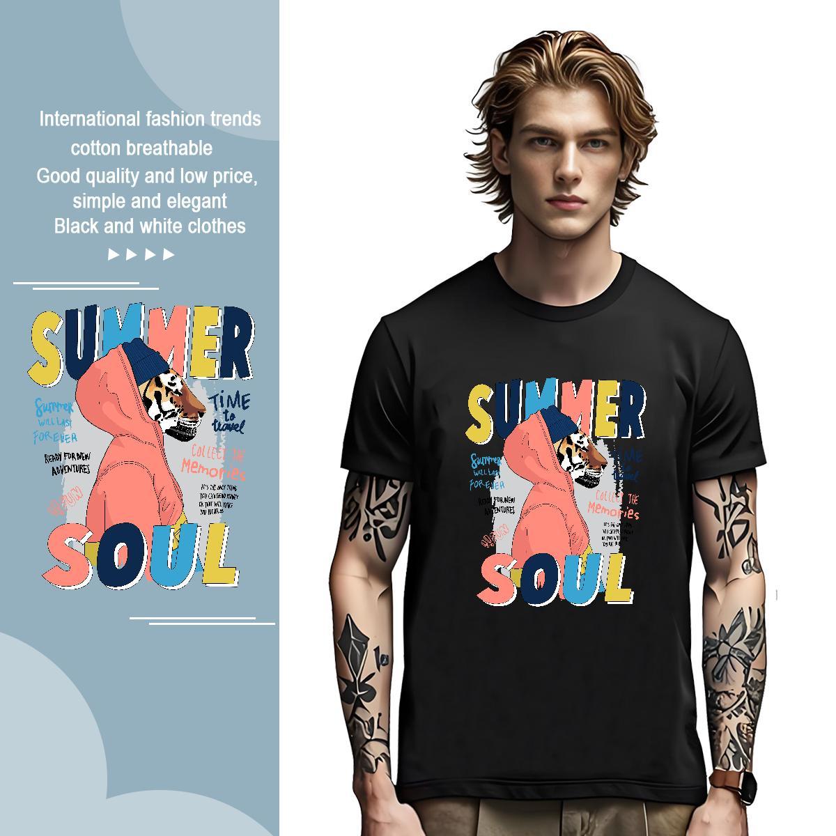 T-Shirts 230g 100% Cotton tiger Spring Summer Short Sleeve O-Neck Anime Print Men Clothes T-Shirt Fashion Soft Tee Shirt
