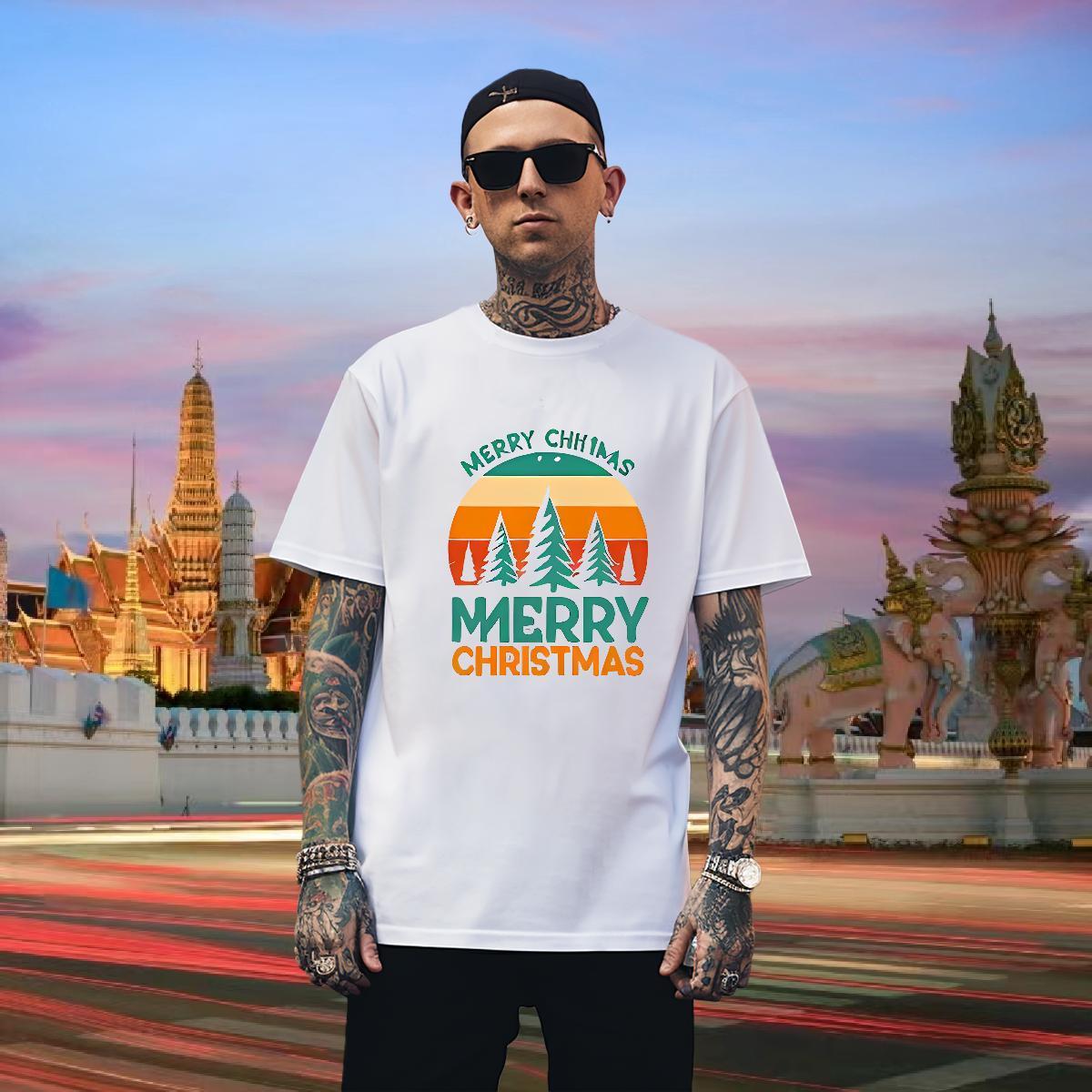 T-Shirts 100% Cotton 230g Christmas High Street Hip Hop Breathable Short Sleeve Oversized Men Tshirts 2024 DIY Soft Tops Shirt