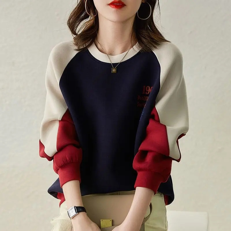 Korean Fashion Contrast Color Spliced Womens Sweatshirts Autumn Winter Casual Long Sleeve Printed Pullovers Tops for Female 240806