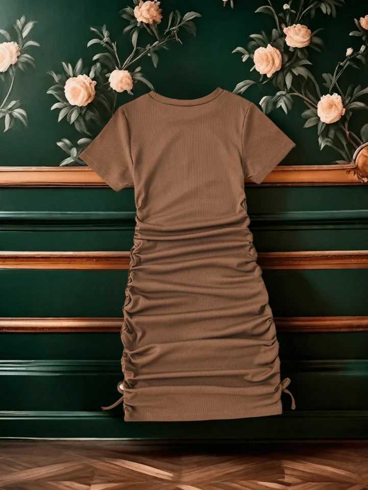 Brown Spice Girl Pure Fashion sexy dress Heart Print Girl Slim Short Sleeve pleated belly top Butock dress summerW240720