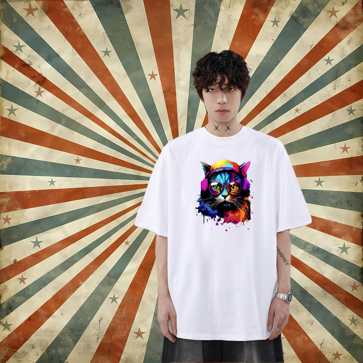Classic Casual Mens T Shirts 230g Cotton colorful cat Spring Summer Polos Breathable Crew Neck Loose Fit Men Tops Tees DIY