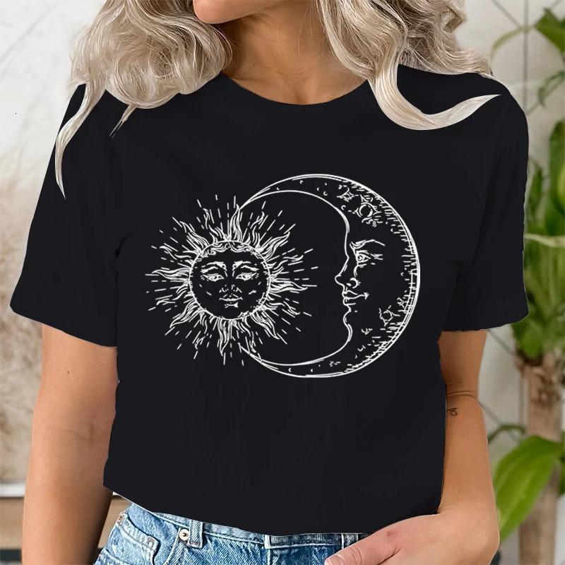 Sun Moon Face Print T Shirts Fashion Summer Casual Tops Punk Womens O-neck Tshirt Clothing Hip Hop Streetwear 2000s Clothes 240806