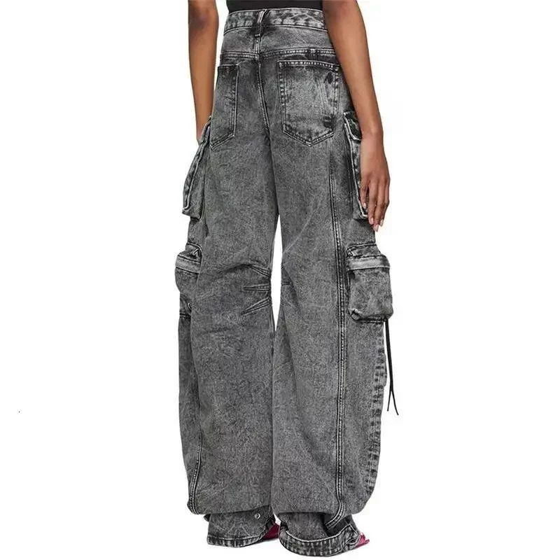 Womens Grey Jeans Multiple Pockets Fire Distressed Long Wide Leg Streetwear Waterwashed Denim Pants 240806
