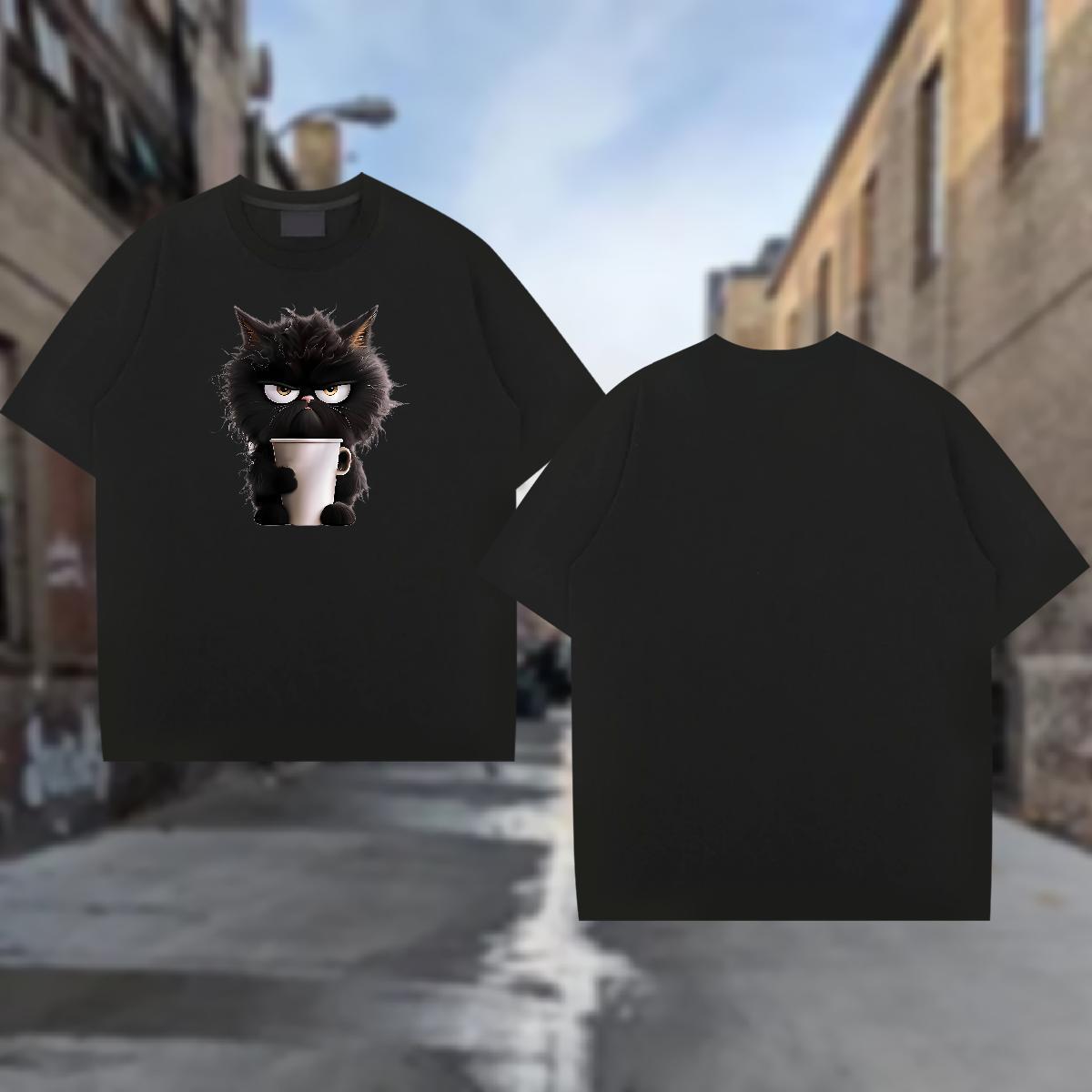 T shirt 230g Cotton cat Daily Wear Breathable Crew Neck Black Oversized Men Tops Tees 2024 Summer Wholesale Clothes