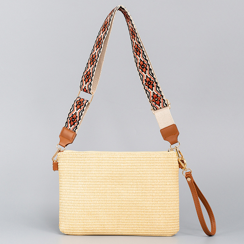 Handheld Grass Woven Bag Women Handbag Clutch Weaving Wallet Removable Wide Shoulder Strap Zipper Open High Quality