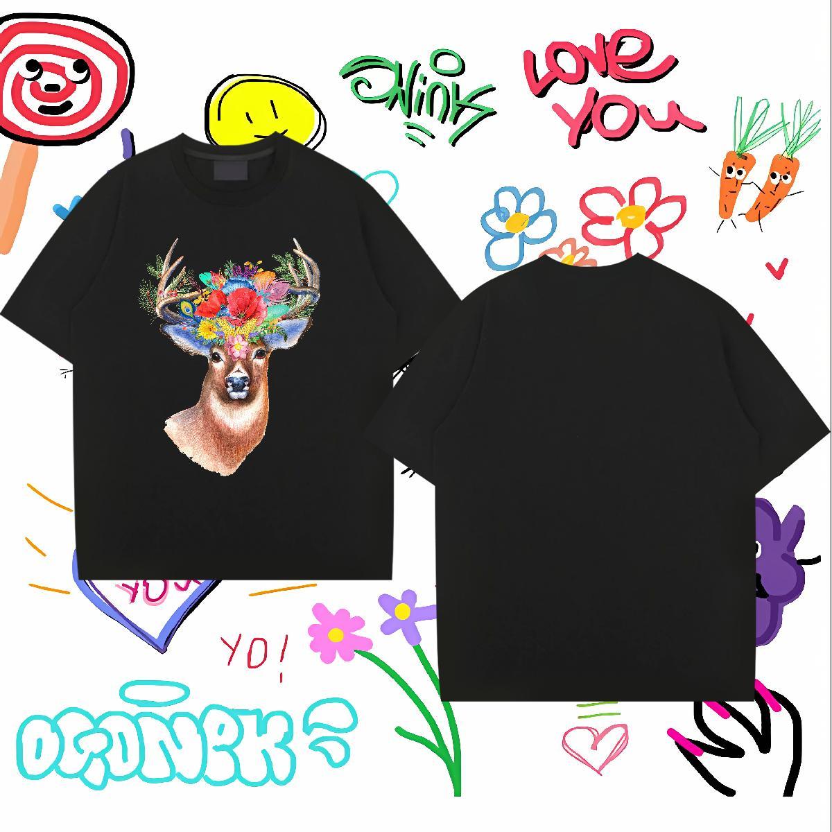 Fashion Designer Men T Shirts 230g 100% Cotton Deer Casual Beach Top Tees Crew Neck Classic Mens Tshirts Cartoon Print