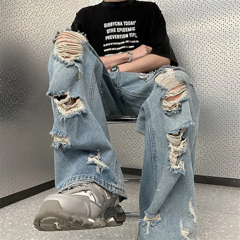 High Street Ripped Jeans Mens Clothing Solid Color Y2K Wide Leg Pants Spring Summer Button Pocket Loose Trousers A048 240806