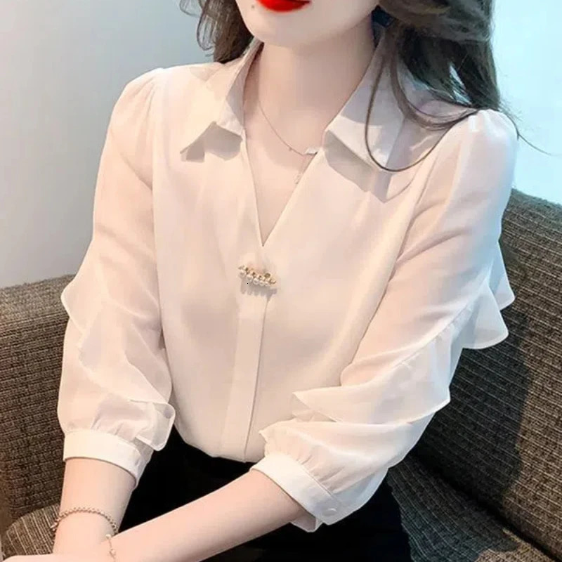 Womens Solid Color Rivet Lantern Long Sleeve Chiffon White Cardigan Shirt Formal Spring Summer Clothing Turn-down Collar Tops 240806
