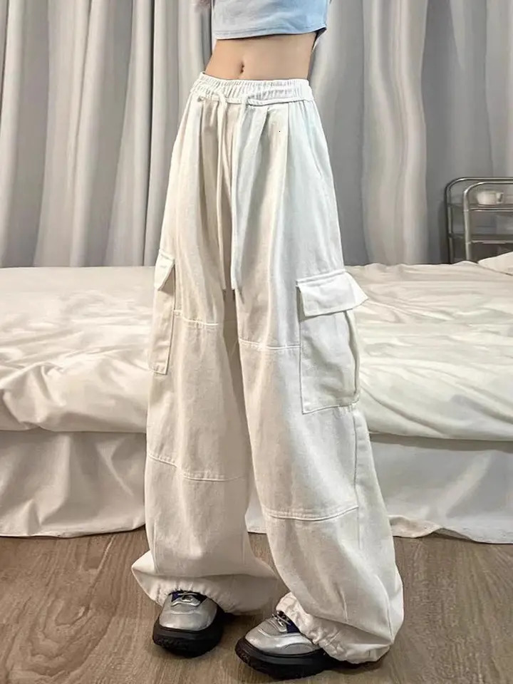 American Style Dance White Cargo Jeans Women Summer Pure Color Loose Leg Straight Trousers Female Street Y2k Leg Mopping Pants 240806