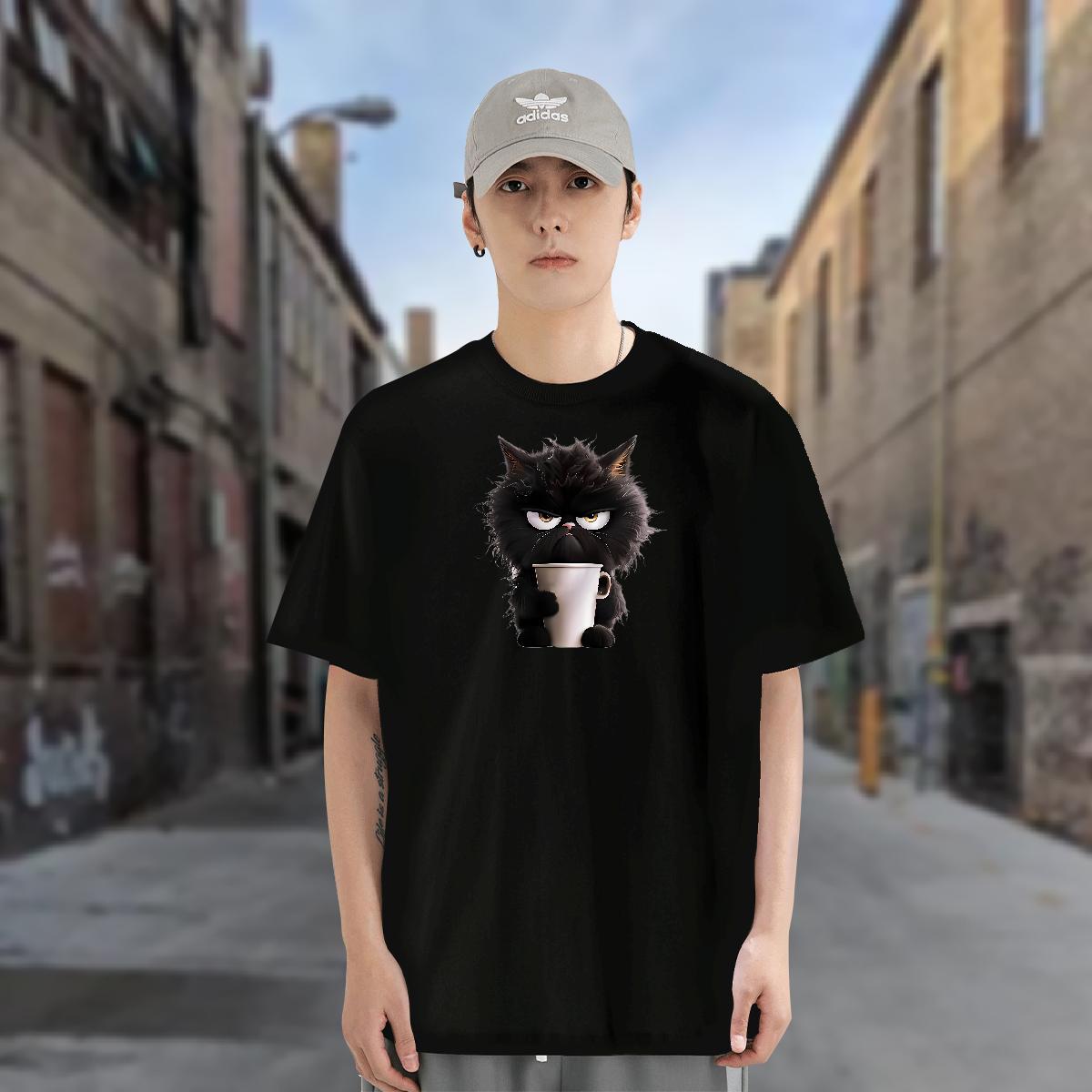 T shirt 230g Cotton cat Daily Wear Breathable Crew Neck Black Oversized Men Tops Tees 2024 Summer Wholesale Clothes