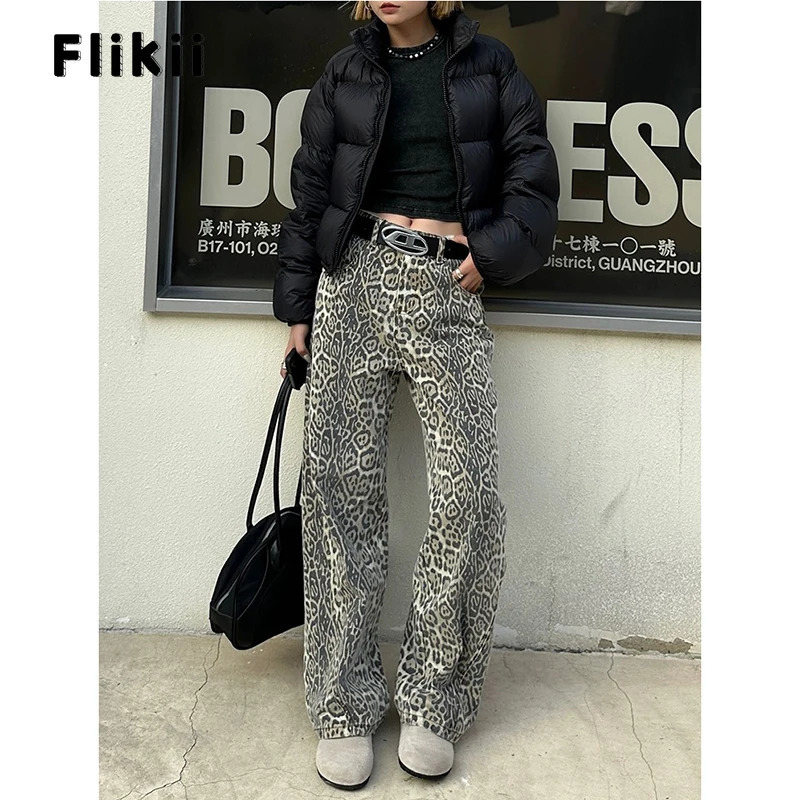 Womens Fashion High Street Vintage Wide Leg Baggy Y2K Denim Trouser Vintage Casual High Waist Pants 2000s Leopard Print Jeans 240806