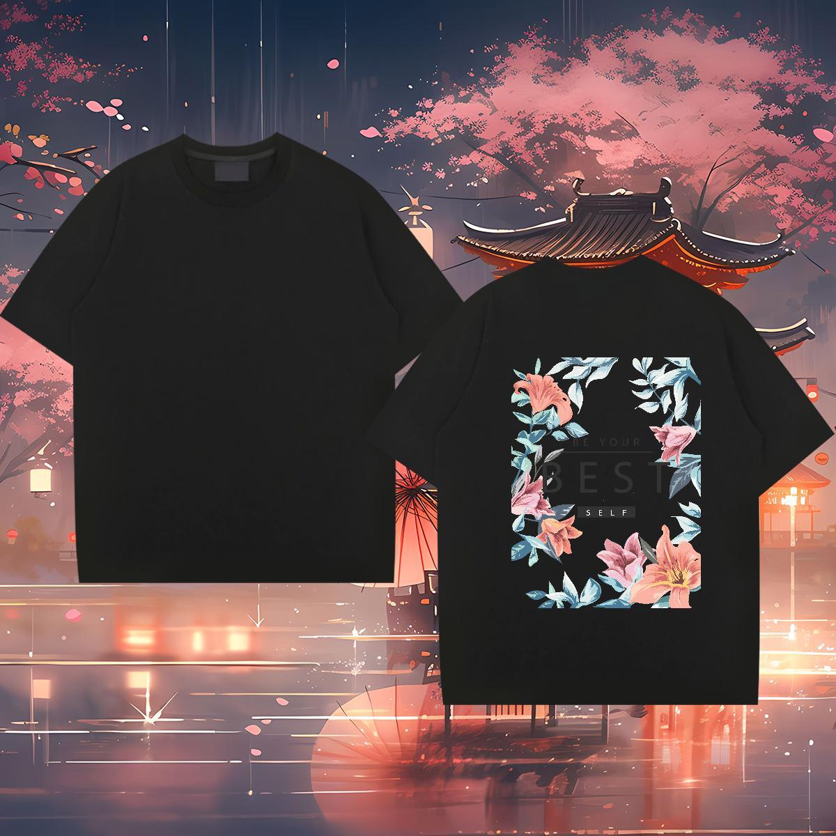 Casual New Man T Shirts 230g Cotton flower Street Casual Tops Tees Breathable Short Sleeve Cool Design Men Tops Tees Plus Size Cartoon