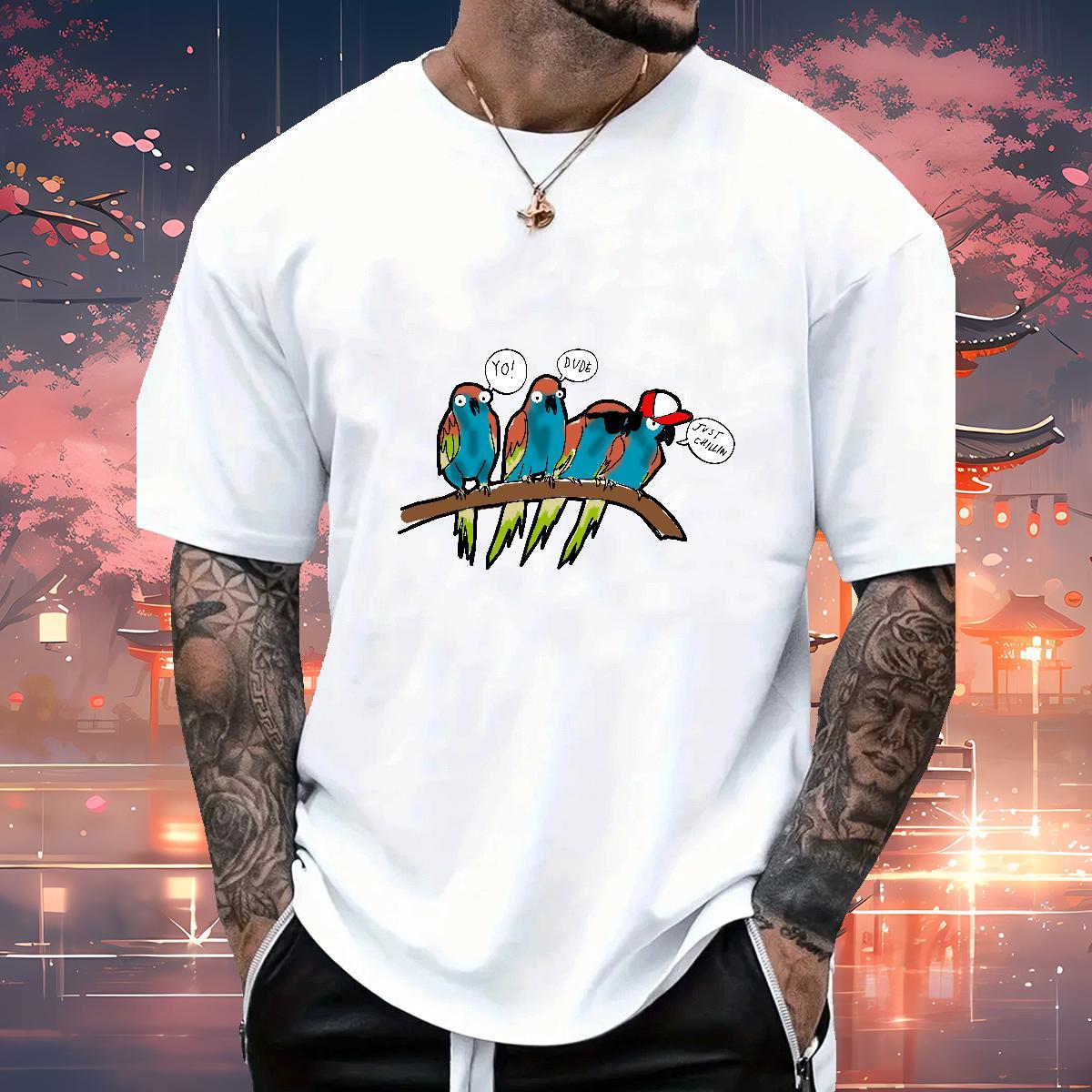 Designer Fashion T-Shirts 100% Cotton 230g bird Daily Wear Tops Tees Breathable Classic Men Tees Plus Size Cartoon