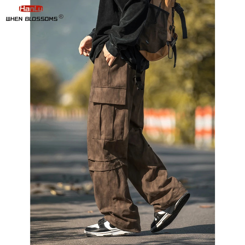 HANLU Dirty dyeing to make old prints Classical Cotton Cargo Pants Mens Loose Fit Wide Leg Trousers Baggy Autumn 240806
