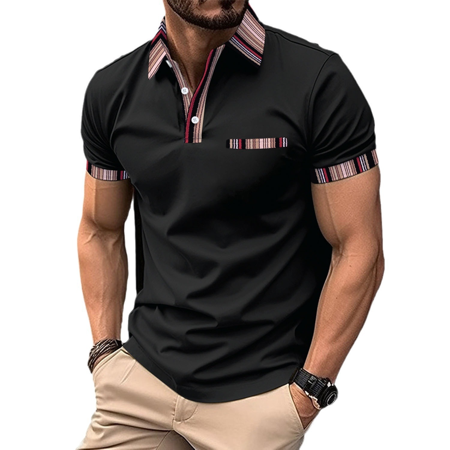 2024 new men's casual polo shirt with fake chest pocket, striped color blocked buttons, versatile for men