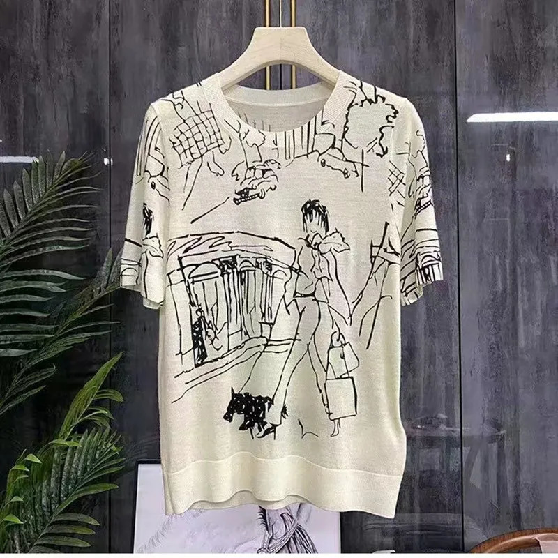 Four Seasons Womens Long-Sleeve Round Neck Stitching Pullover T-Shirt Sweater Casual Top Korean Version Wool Short-Sleeve 240806