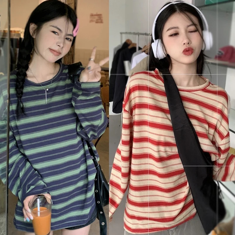 Womens Casual Top Spring Autumn Stripe Contrast Long Sleeves T-Shirt 240806