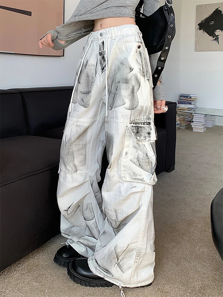 Womens White Cargo Jeans Baggy Vintage High Waist Cowboy Pants Harajuku Aesthetic Tie-Dyed Denim Trousers 90s Y2k Clothes 240806