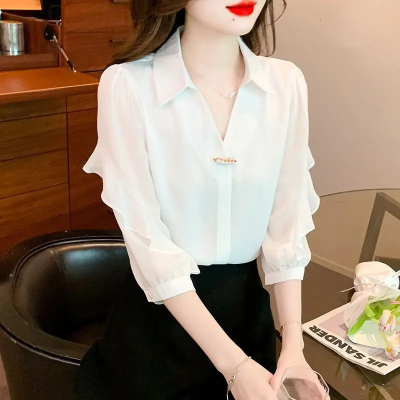 Womens Solid Color Rivet Lantern Long Sleeve Chiffon White Cardigan Shirt Formal Spring Summer Clothing Turn-down Collar Tops 240806