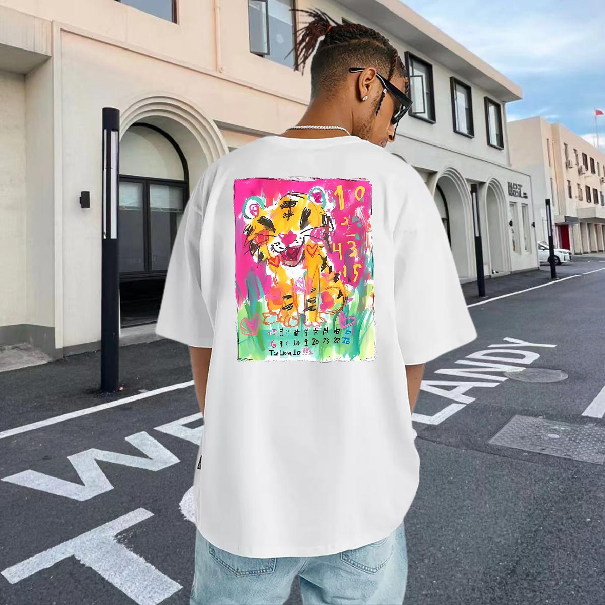 Brand T-Shirts for Men 230g Pure Cotton tiger Sports Casual Tops Shirt Round Neck Short Sleeve Loose Fit Mens Tshirts Skull