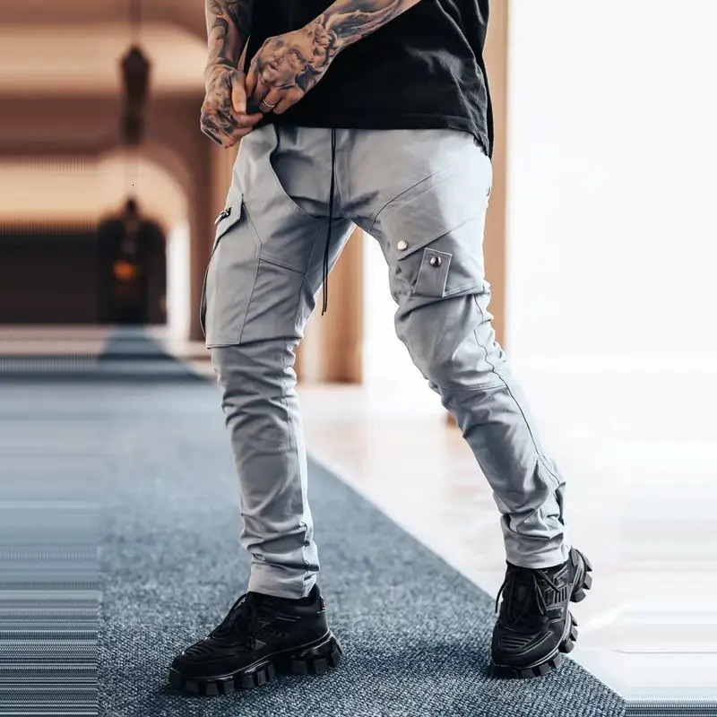 Mens side pocket cargo pants zipper black gray khaki hiphop casual mens jogging Trouser fashion streetwear Pantalones Hombre w240824