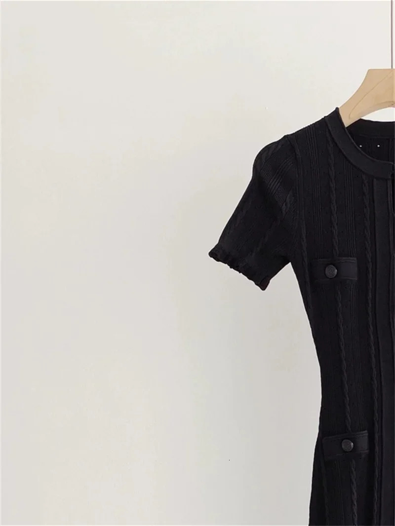 Women O-Neck White Knit Thread Mid-Length Dress Summer Elegant Lady Ruffled Sleeve Single Breasted Slim Long Robe 240806