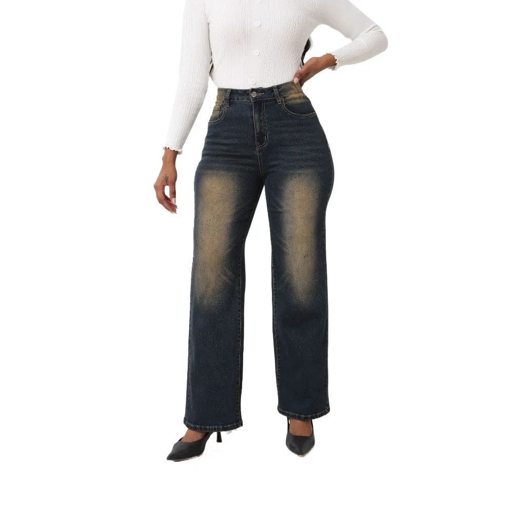 Elastic Straight Jeans Women Fashion Vintage Mid Waist Denim Trousers Mujer Blue Jeans Pants 240806