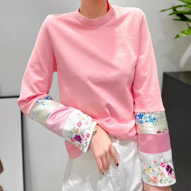 Spring Autumn Vintage T-Shirts Women Round Neck Long Sleeve Fashion Pullovers Elegant Embroidered Pure Cotton Chic Tops 240806