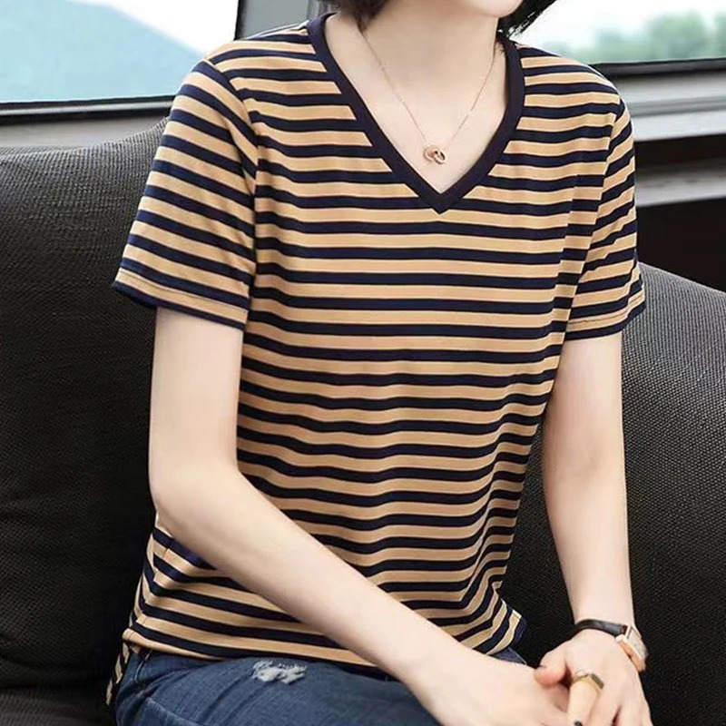 Summer Loose Large V-Neck Short Sleeve Womens T-shirt Oversized Casual Blouse Fashion Striped Elegant Tops 240806