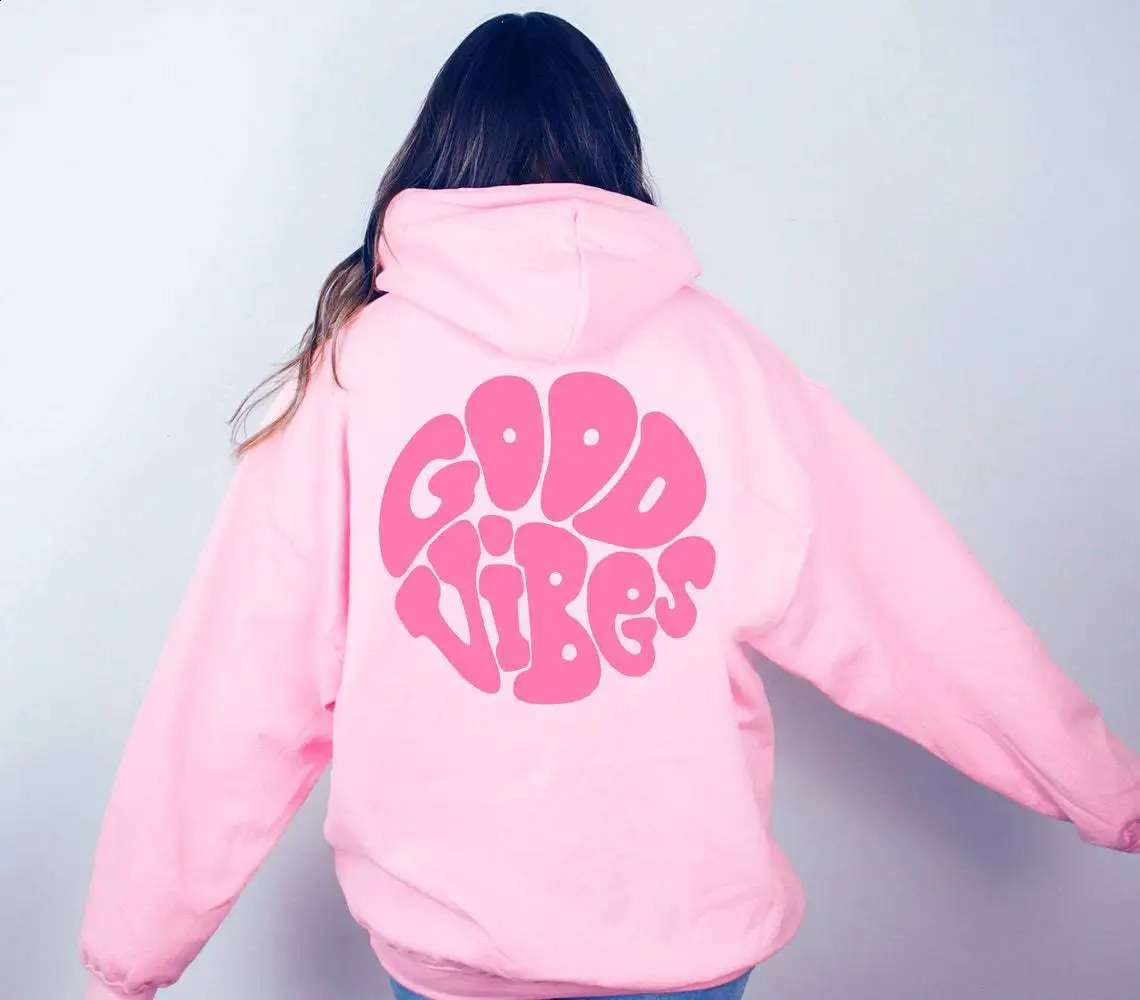 Women GOOD VIBES ONLY Letter Printed Zip Up Hoodie Harajuku Streetwear Long Sleeve Loose Sweatshirt Jacket Hip Hop Y2k Clothes 240806