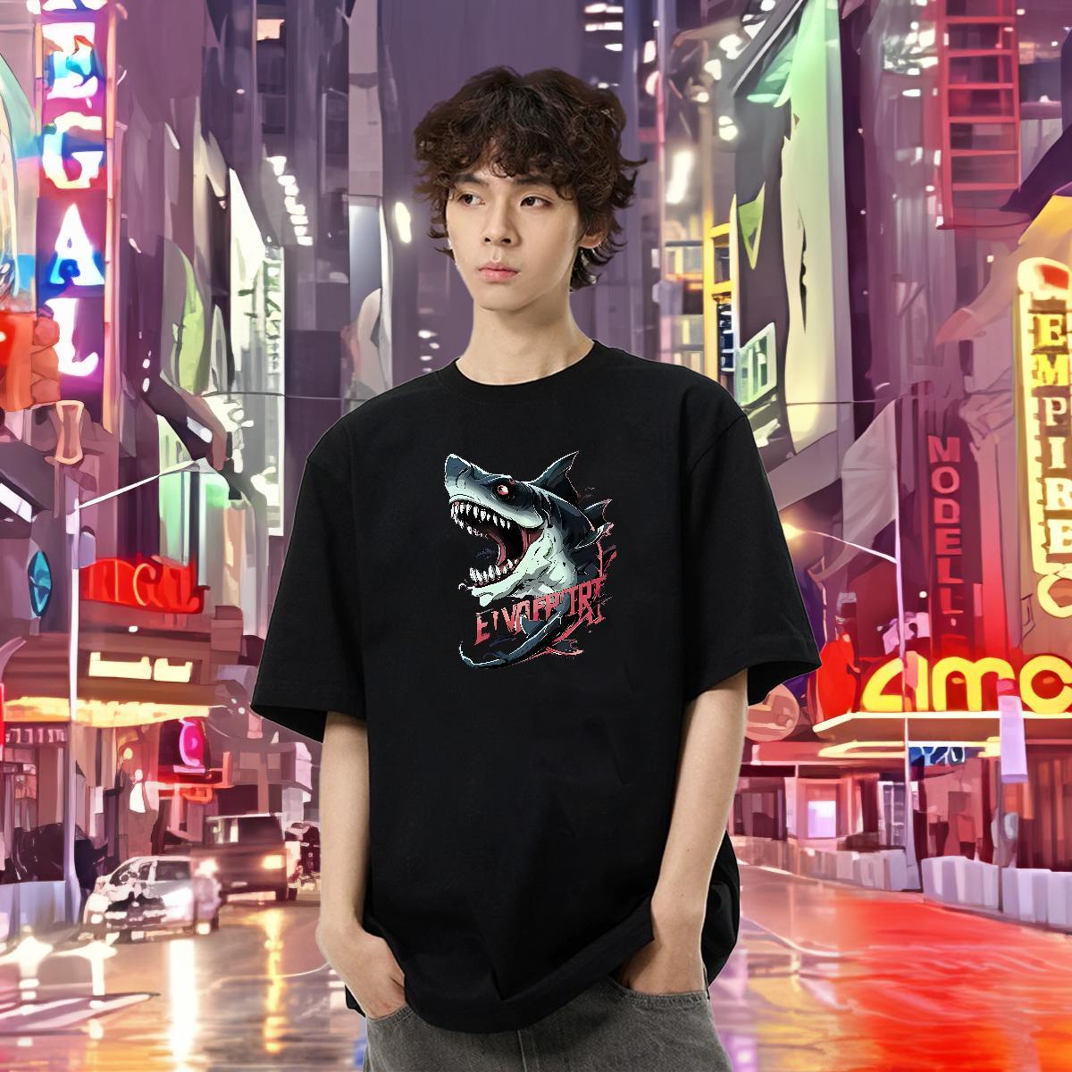 New Arrival Men T Shirts 230g Cotton shark Outdoor Tops Tees Breathable Crew Neck Cool Design Tshirts Cartoon Printing L-4XL