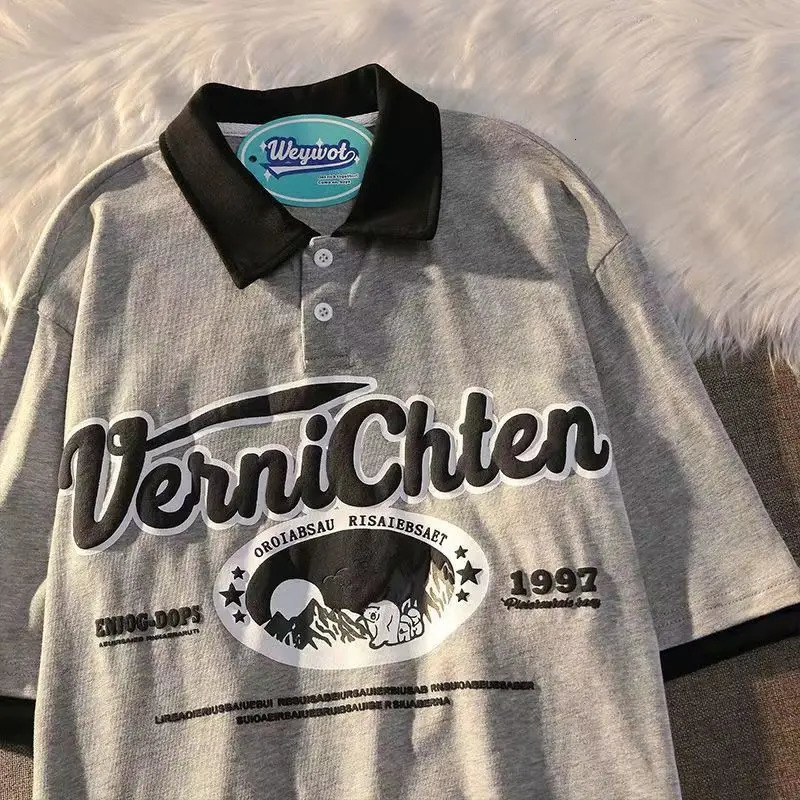 American Men and Women Vintage Letter Printed Polo Shirt Summer Personalized Loose Couple Trend Short Sleeve T-shirt harajuku 240806