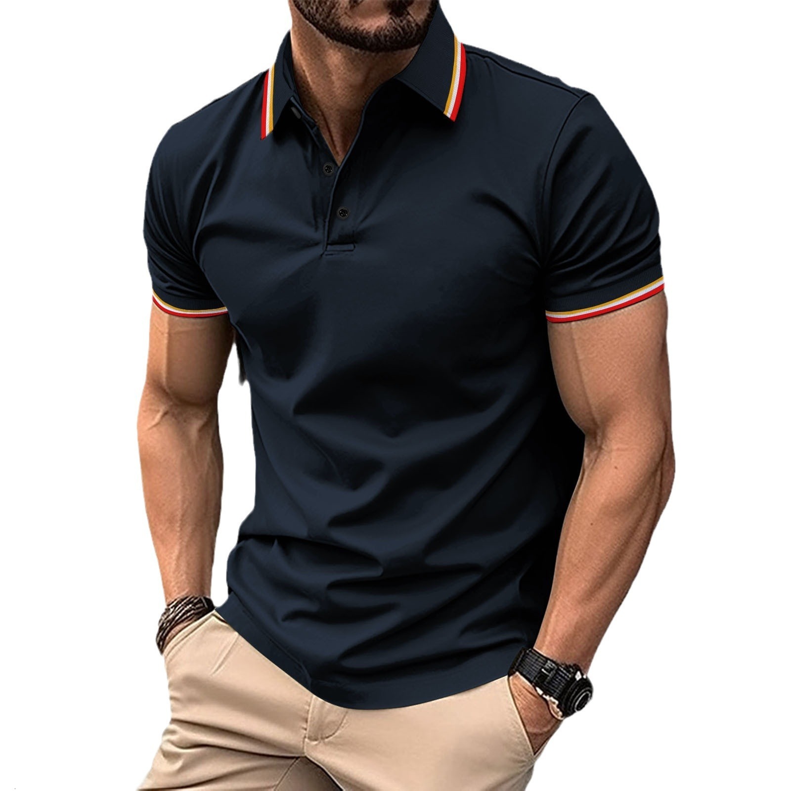 2023 New men's solid color short sleeved polo shirt with a lapel collar