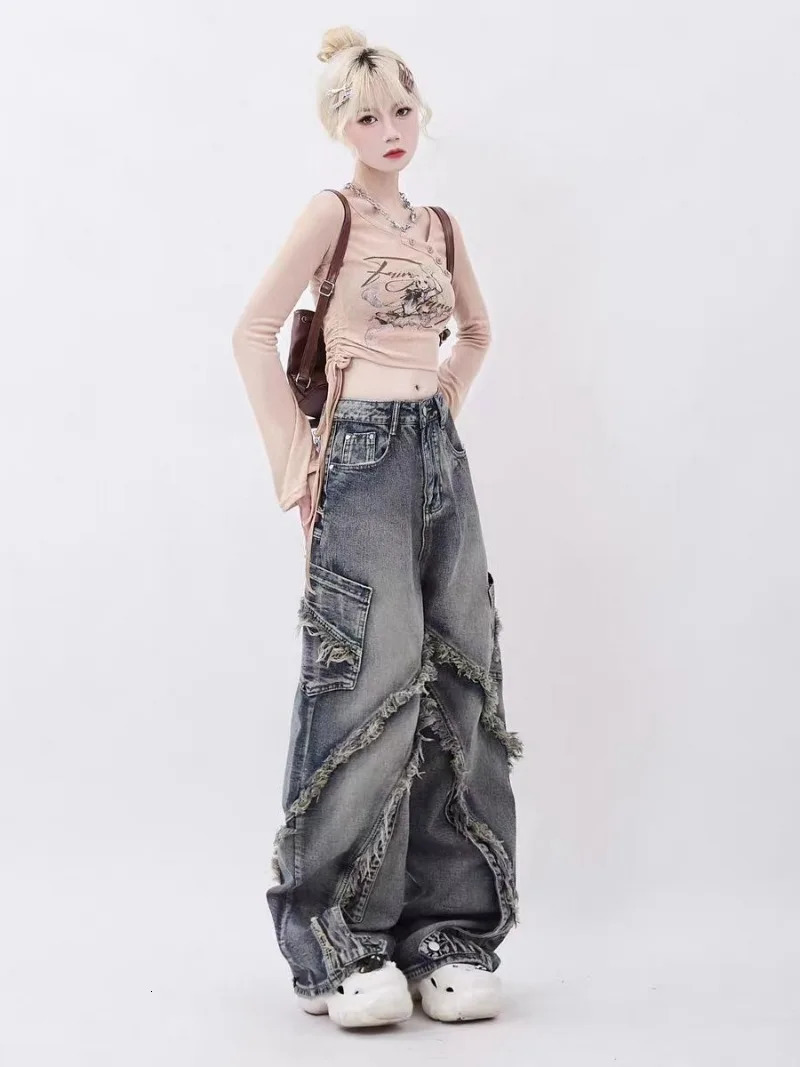 American High Street Washed Raw Edge Stitching Jeans Women Autumn and Winter Y2KINS High-End Trend Loose Slim Wide-Leg Pants 240806