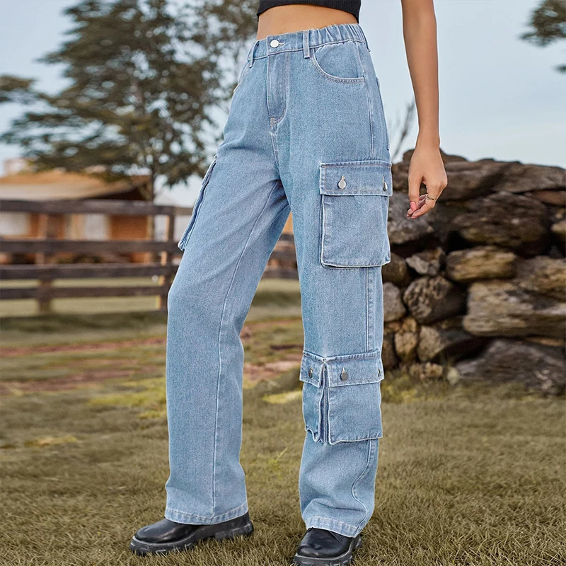 Syiwidii-Womens Cargo Pants Elastic Waist High Waist Denim Trousers Female Clothes Fashion Casual Jeans Big Pocket Loose 240806