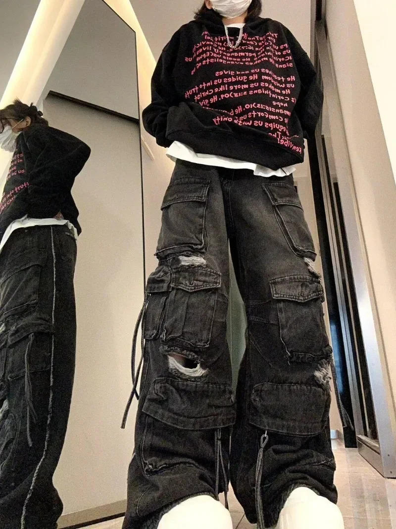 2000s Harajuku ripped multi-pocket y2k high-waisted jeans women clothing hip-hop street slim straight wide-leg cargo baggy pants 240806