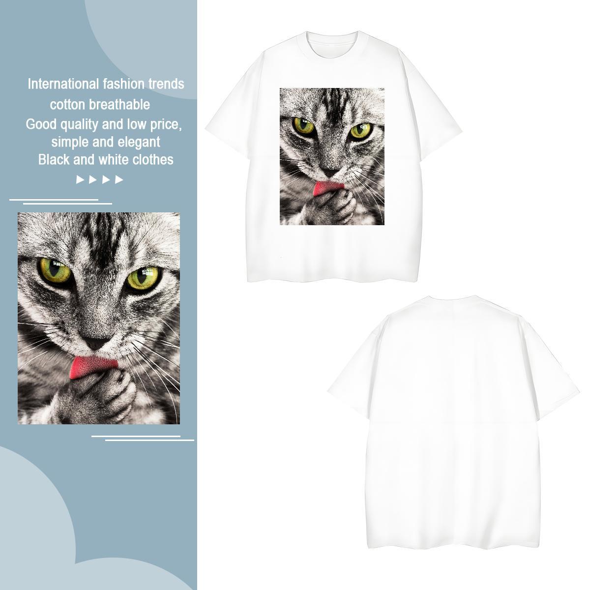 T-Shirts for Men 230g Pure Cotton cat Outdoor Crew Neck Breathable Anime Print Tshirts Customized Free Shipping Tee Shirt