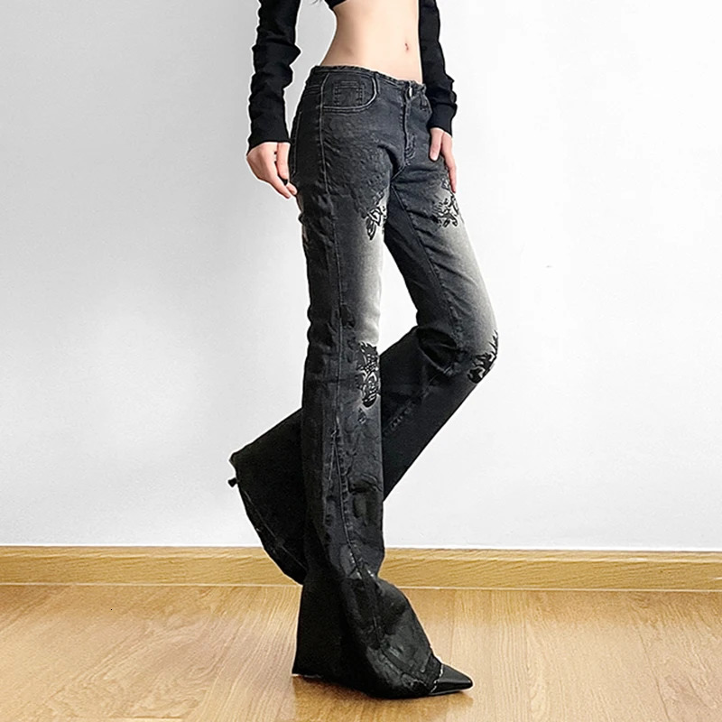 Darlingaga Fairycore Vintage Floral Skinny Flare Jeans Denim Low Rise Y2K Chic Aesthetic Women Trousers Distressed Gothic Pants 240806
