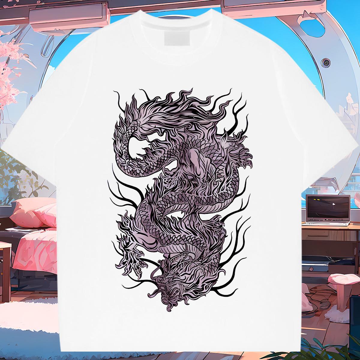 T Shirts Men 230g Cotton Black Purple Dragon Beach Breathable Plus Size Cartoon Men Tops Tees 2024 Designer TOP Quality Polos