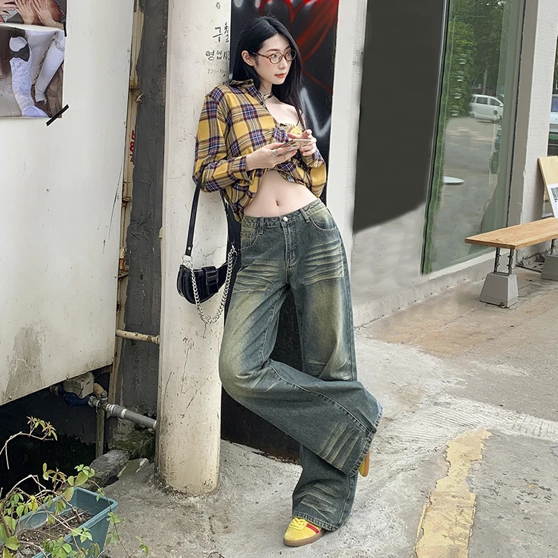 WCFCX STUDIO American Vintage Fashion Women Jeans Y2k Autumn Elegant Oversized Baggy Denim Trousers Casual Hip Hop Pants 240806