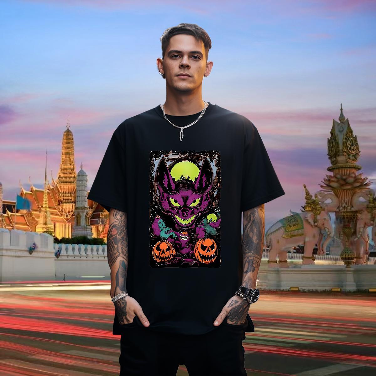 Man T Shirts 230g Cotton pumpkin High Street Hip Hop Breathable Short Sleeve DIY Anime Men Tops Tees Fashion Unisex Clothes