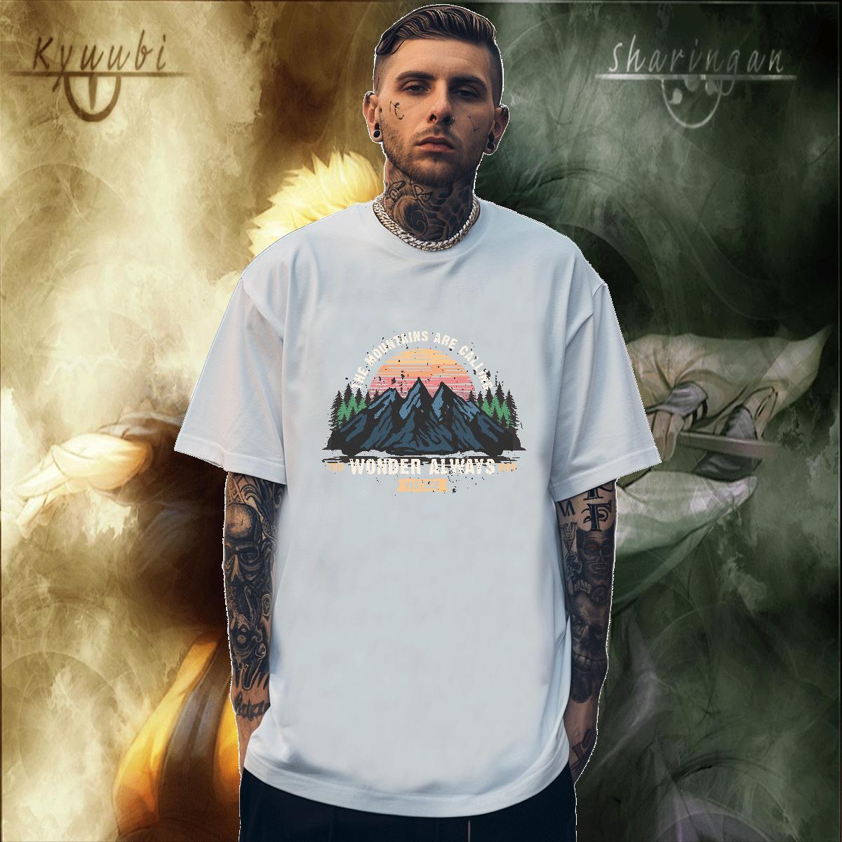 High Quality Mens Tshirts 230g 100% Cotton Outdoor mountains Custom Big Size O Neck Short Sleeves 2024 T shirt Clothes