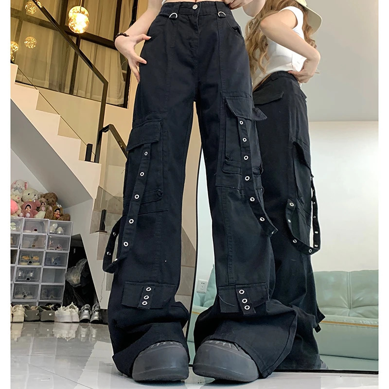 Woman High Waist American High Street Wide Leg Jeans Female Loose Oversized Cargo Pants Lady Black Denim Straight Leg Trousers 240806