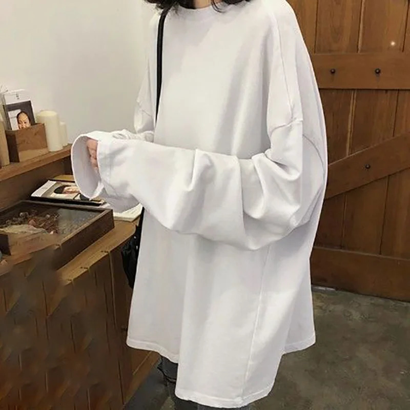 100%cotton Summer Tee T Shirt Women Kawaii T-Shirts Women Autumn Solid Simple Oversized Tshirt White Long Sleeve Tops 240820