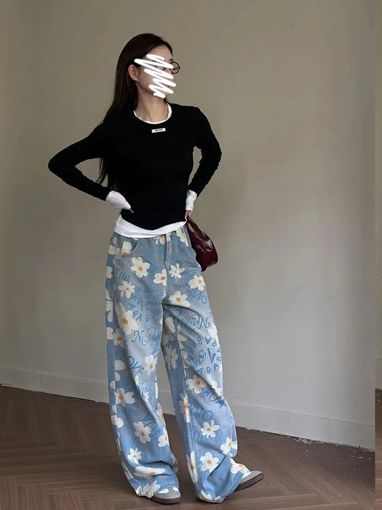 Vintage Baggy Blue Womens Jeans Straight Loose High Waist Trousers Flower Printing Streetwear Fashion Mom Denim Wide Leg Pants 240806