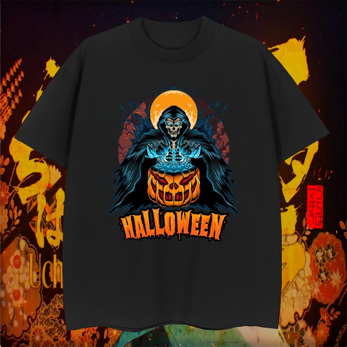 T-Shirts for Men 100% Cotton 230g Halloween Casual Beach Round Neck Short Sleeve Skull Mens Tshirts 2024 Designer Brand Wear